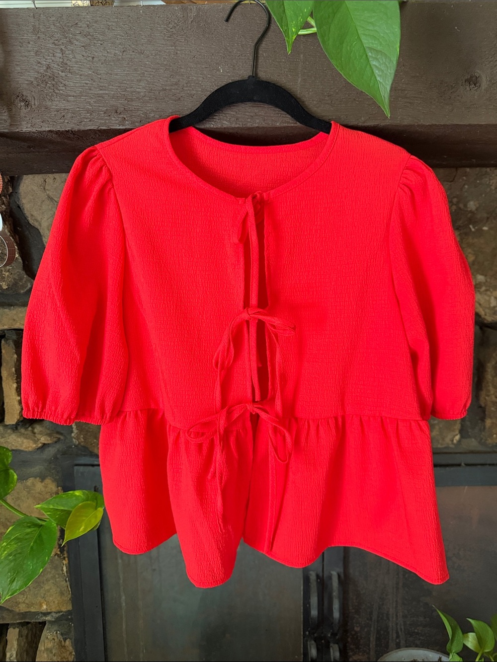 SHEIN Bright Red Tie-Front Peplum Blouse